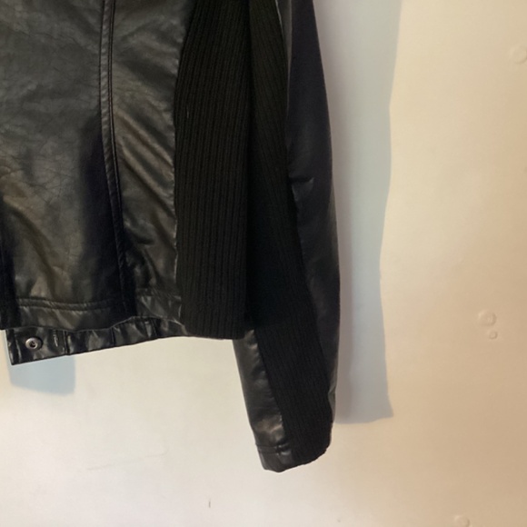 Faux Leather Biker Jacket w/ Knit Ribbed Details - Picture 6 of 9